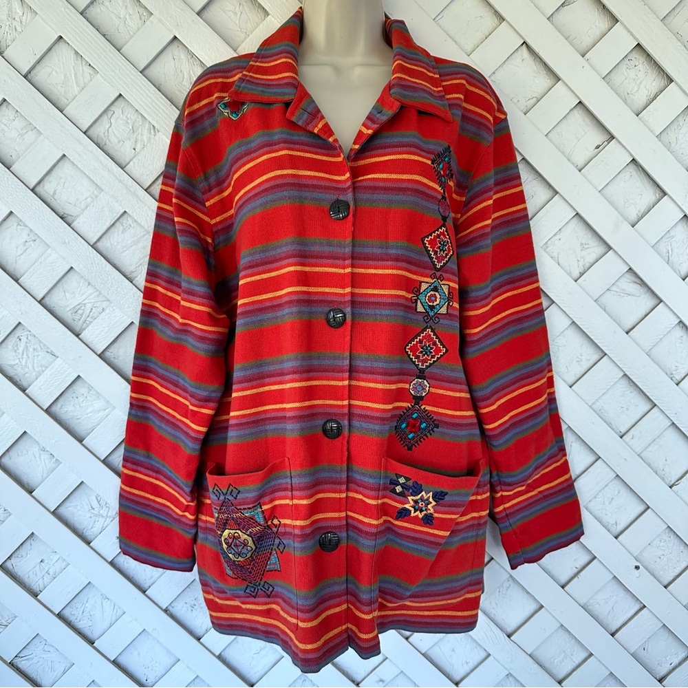 Vintage Chico’s Tribal Embroidery Striped Western Long Sleeve Shirt